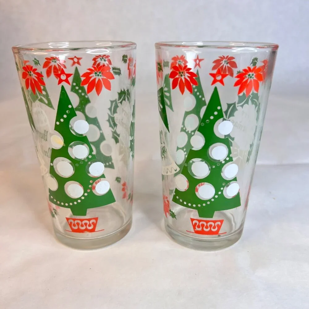 5 Vintage Hazel Atlas Tumblers Christmas Drinking Glasses Happy New Year 10 OZ‎